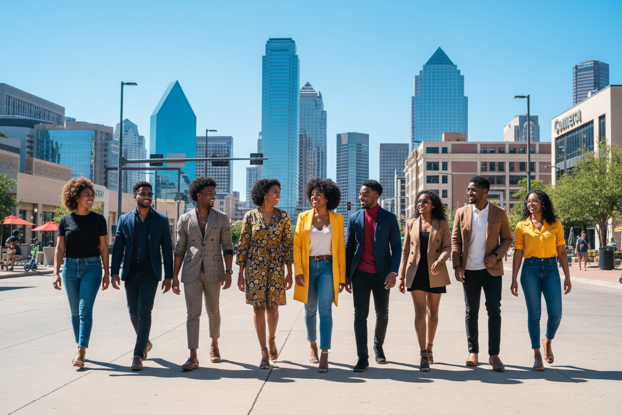 black millennials walking in downtown dallas, cinematic vibe, daytime, bright